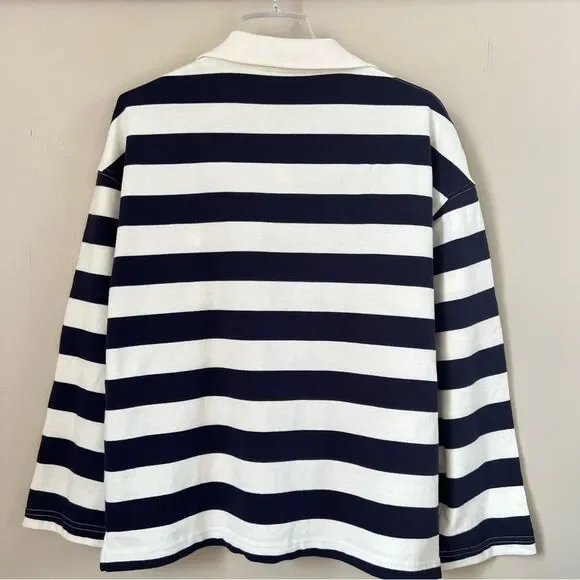 Zara Navy White Striped Long-Sleeve Cotton Rugby Preppy Polo Shirt Top SZ L - Picture 3 of 11